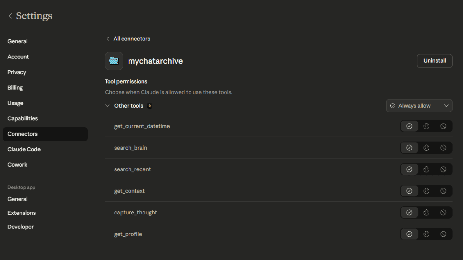 MyChatArchive connected to Claude with six search tools available